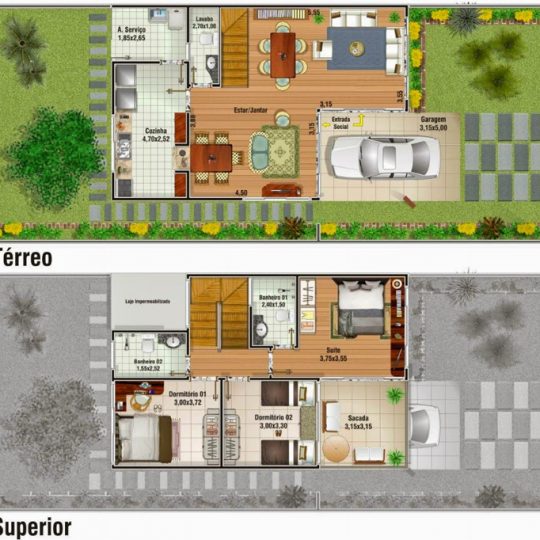 Planta de casa duplex com três quartos