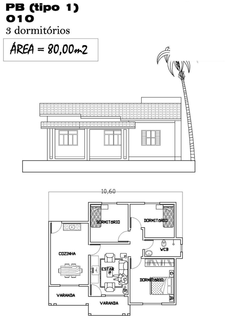 Planta de Casa com 80m2