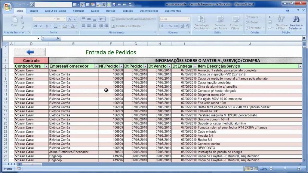 Planilha de controle de obra